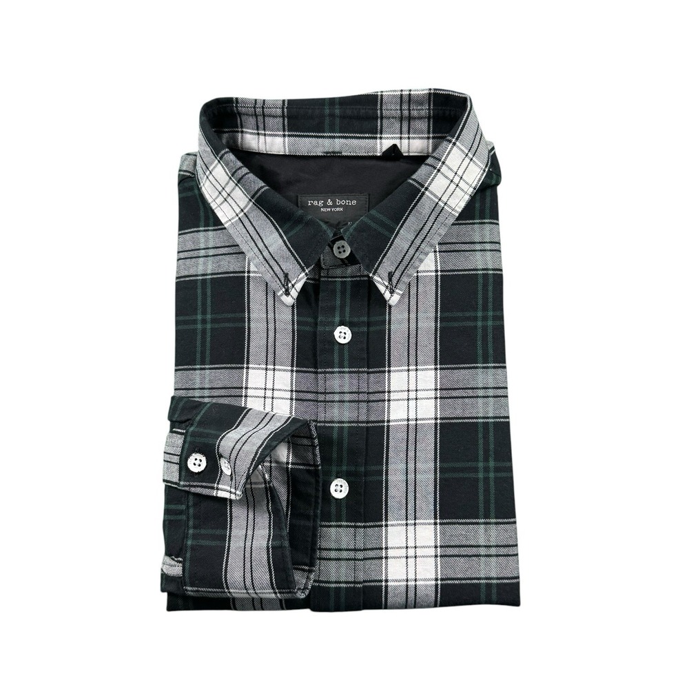 Rag & Bone Fit 2 Black White Green Check Metal Button Shirt Mens XL